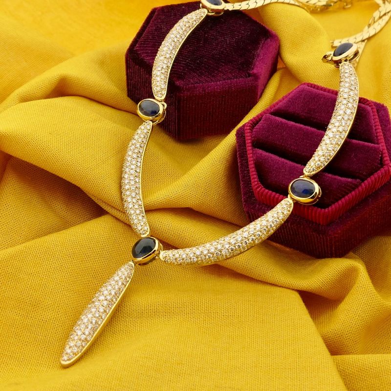 Image 2 of Golden Cardano Link Necklace with Sapphires and Diamonds; 8.47 ct.