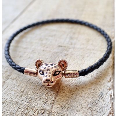 Image 2 of Pandora black leather bracelet; Panther; Rose gold plated; | 20 cm