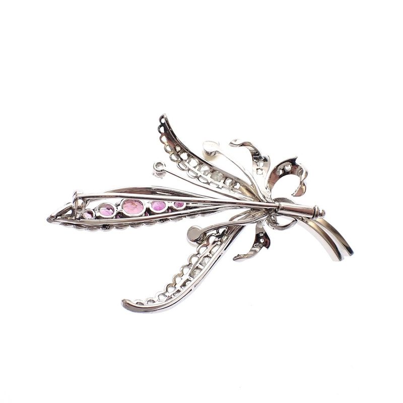Image 4 of White gold floral brooch set with spinel, pearl and diamond 0.57 ct.