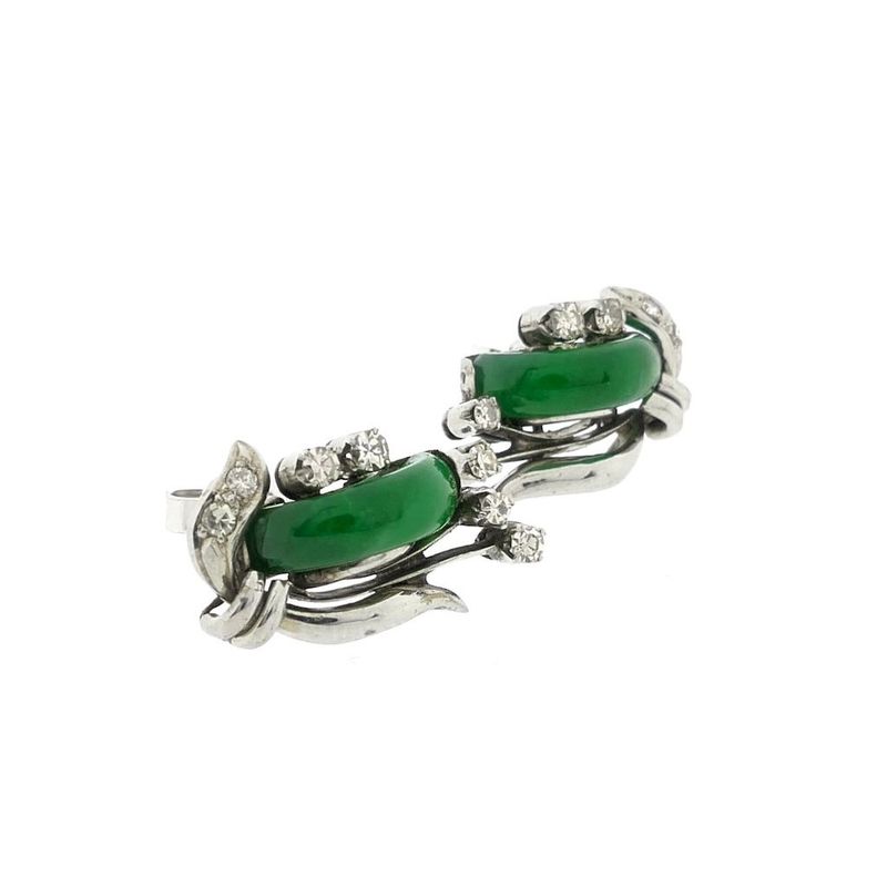 Image 5 of White gold stud earrings with jade and diamond; 0.38 ct.