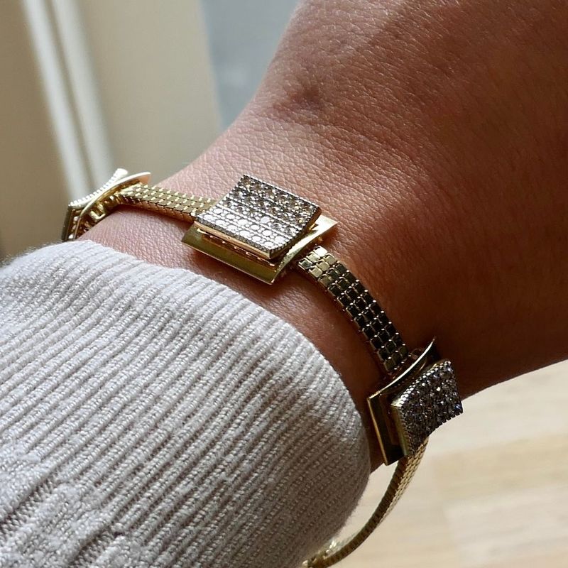 Image 7 of Gold Flat Snake Link Bracelet with Zirconia