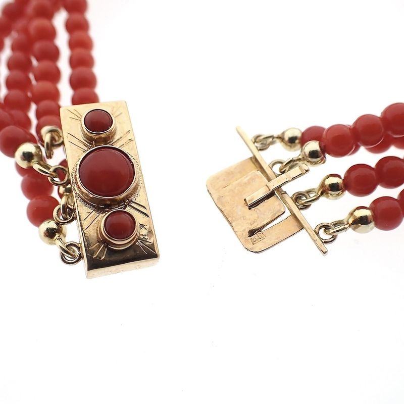 Image 4 of Antique red coral beaded bracelet with gold clasp.