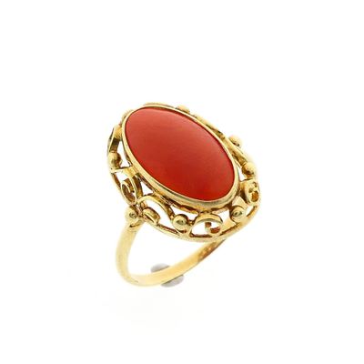 Image 1 of Vintage Gold Ring with Blood Coral; 14 Karat; Size 19