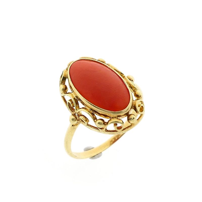 Image 1 of Vintage Gold Ring with Blood Coral; 14 Karat; Size 19