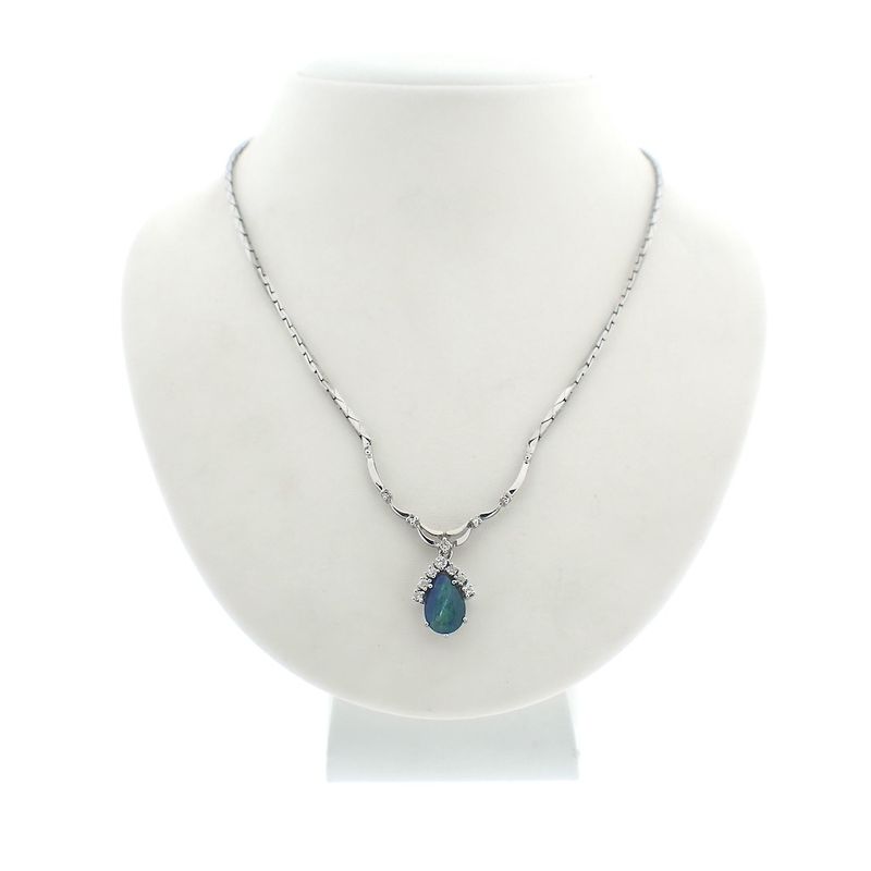 Image 1 of White gold cobra link necklace with triple opal and diamonds; Approx. 0.38 ct.