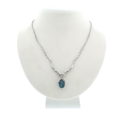 White gold cobra link necklace with triple opal and diamonds; Approx. 0.38 ct. Image 1 of White gold cobra link necklace with triple opal and diamonds; Approx. 0.38 ct.