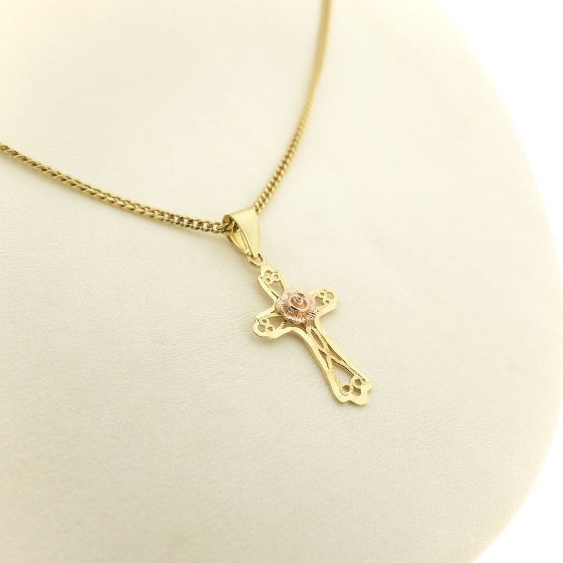 Image 11 of Two-tone gold pendant of a cross with a rose