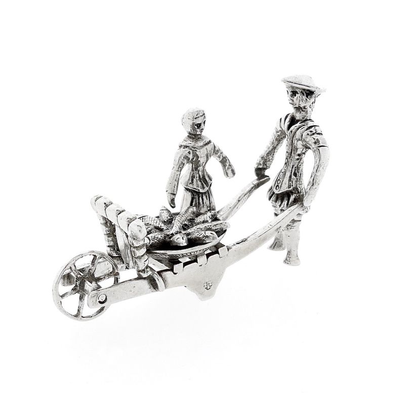 Image 1 of Antique silver statuette of a man and woman with a wheelbarrow