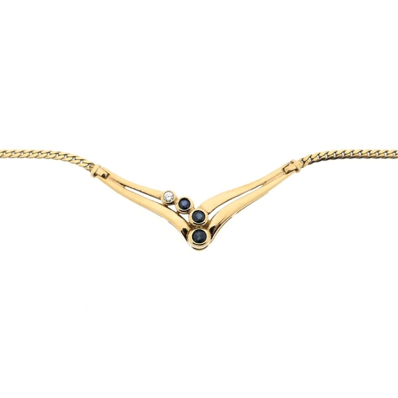 Image 7 of Gold necklace with fixed pendant, sapphire and diamond; 0.02 ct.
