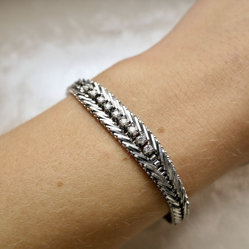 Image 10 of White gold herringbone link bracelet with diamonds; 0.36 ct.