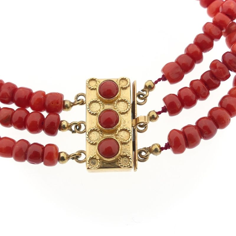 Image 4 of Antique red coral beaded bracelet with gold clasp.