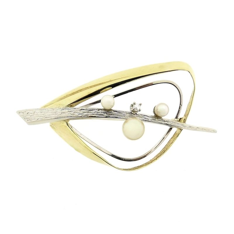 Image 1 of Two-tone gold fantasy brooch with pearl and diamond; 0.03 ct.