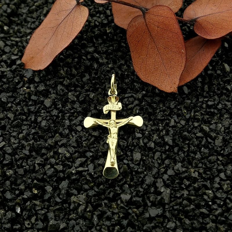 Image 1 of Gold pendant of a cross with corpus; INRI
