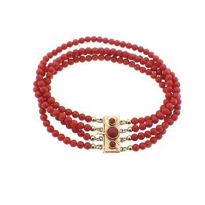 Image 1 of Antique red coral beaded bracelet with gold clasp.