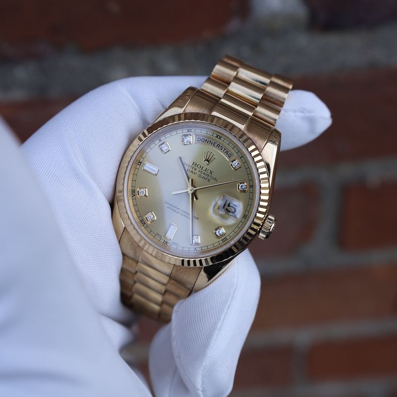 Image 38 of Rolex Day-Date 36mm 'Diamond Dial' 118238; 18k. Gold watch in full set