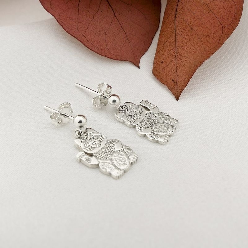 Image 3 of Silver earrings of a Chinese lucky cat; Maneki-neko