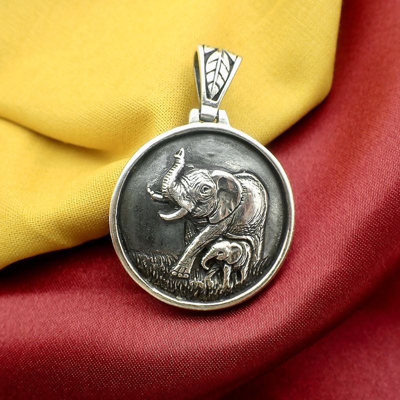 Image 2 of Silver pendant of elephant mother with calf