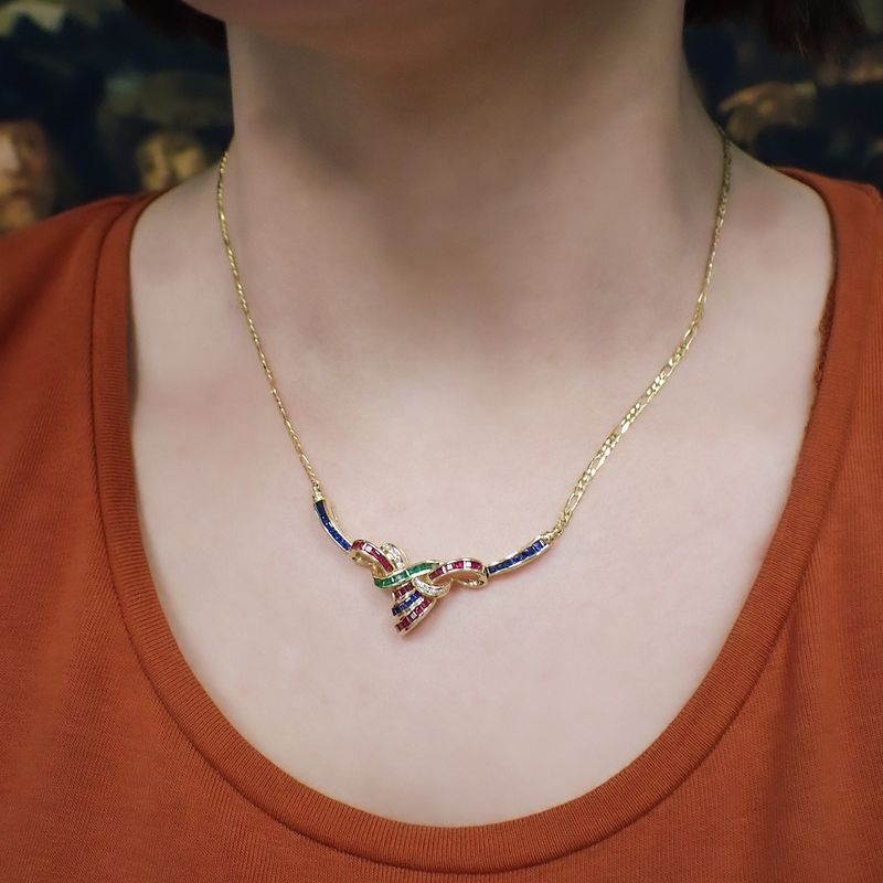 Image 4 of 18K gold necklace with sapphire, emerald, ruby, and diamonds (0.055 ct.) | 42 cm