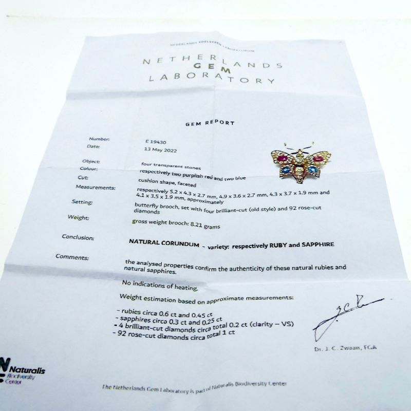 Image 3 of Gold butterfly brooch with diamond, ruby, and sapphire; approx. 1.20 ct.