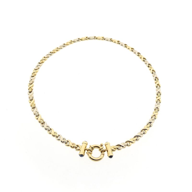 Afbeelding 4 van Bicolor gouden fantasieschakel collier met saffier | 44 cm
