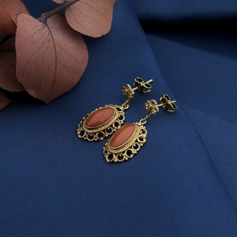 Image 2 of Gold earrings with red coral | Antique