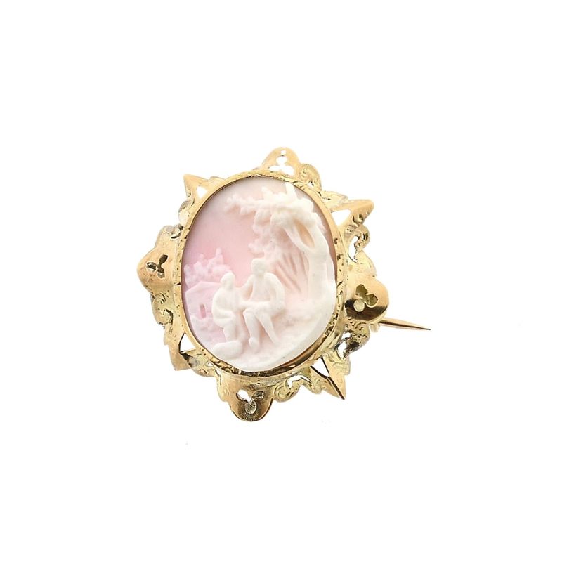 Afbeelding 1 van Antiek gouden broche met roze camee