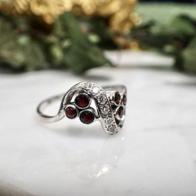 White gold ring with red stone and diamond | 0.12 ct. Image 2 of White gold ring with red stone and diamond | 0.12 ct.