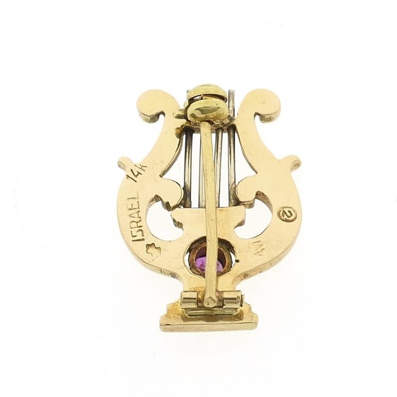 Image 3 of Gold brooch of a lyre harp with ruby