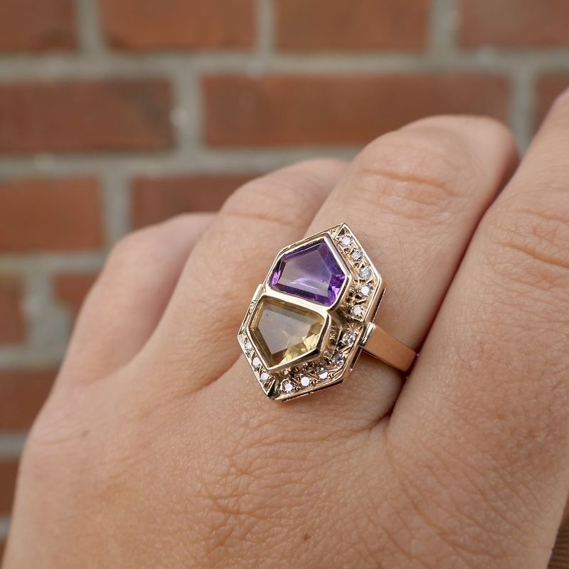 Image 11 of Vintage gold ring with citrine, amethyst and diamonds; 0.20 ct.