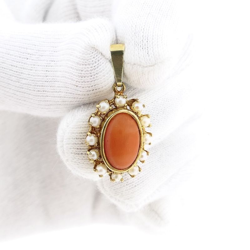 Image 11 of Gold Pendant with Blood Coral and Pearl; 14 Karat