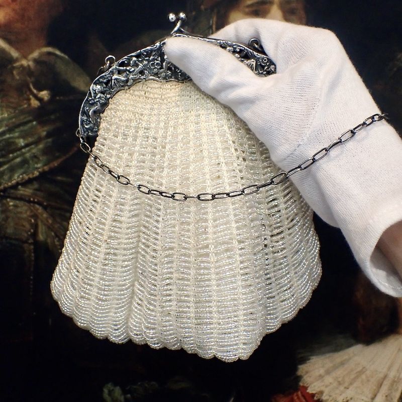 Image 13 of Antique clasp bag with silver handle and glass beads