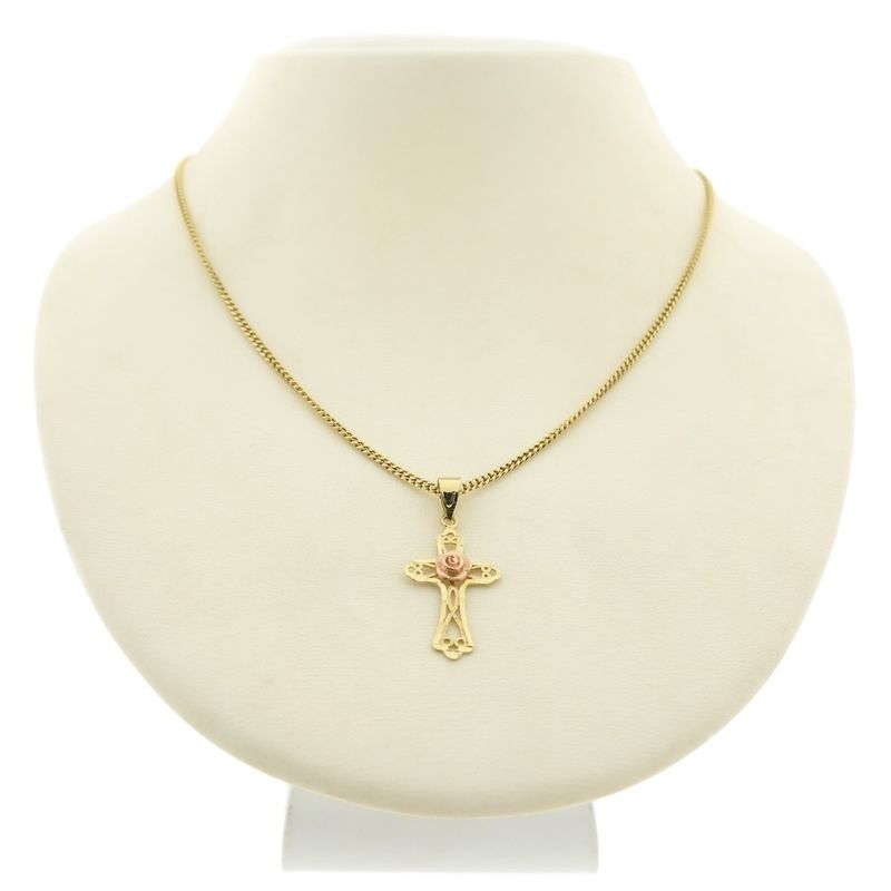Image 10 of Two-tone gold pendant of a cross with a rose