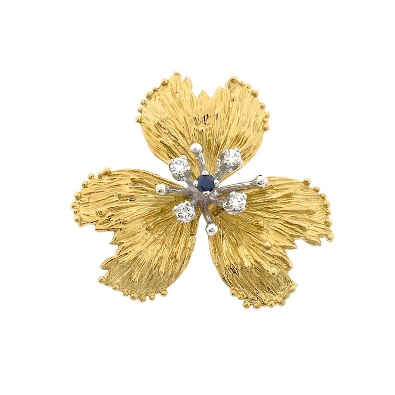 Image 1 of Gold brooch with sapphire and diamond; 0.20 ct.