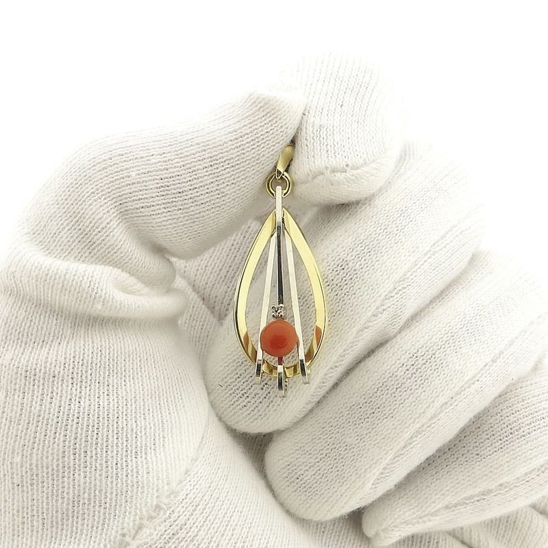 Image 6 of Bicolor gold pendant with red coral and diamond | 0.02 ct.