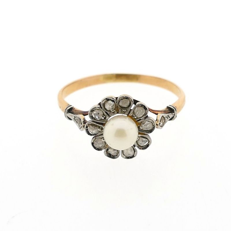 Image 6 of Bicolor Gold Ring with Cultured Pearl and Diamond; approx. 0.10 ct.
