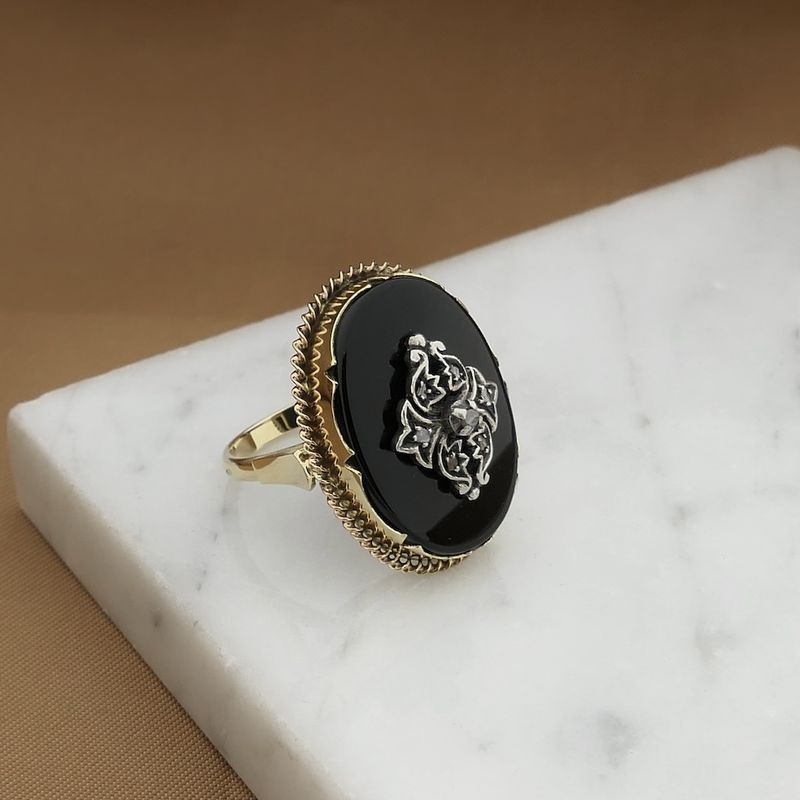 Image 7 of Antique Victorian gold and silver ring with onyx and diamond 0.04 ct.