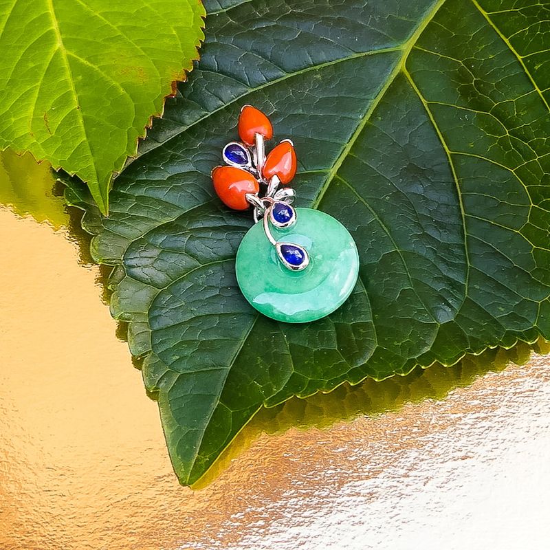 Image 8 of White gold pendant with jade, red jasper and sapphire
