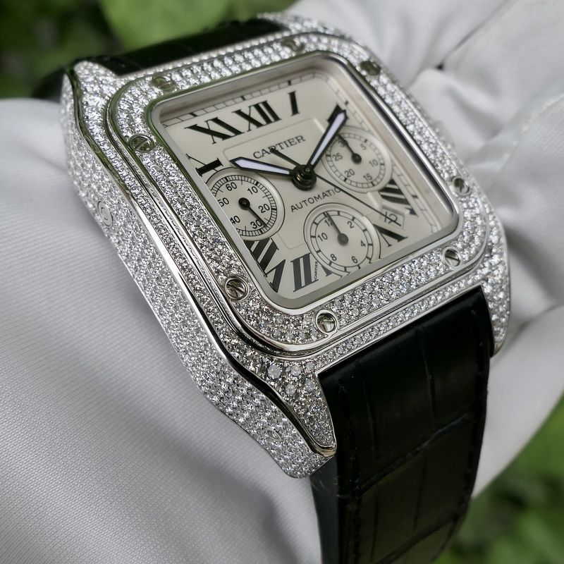 Image 28 of Cartier Santos 100 XL Chronograph 'Factory-Set' Diamonds 2891; 18k white gold watch with diamonds