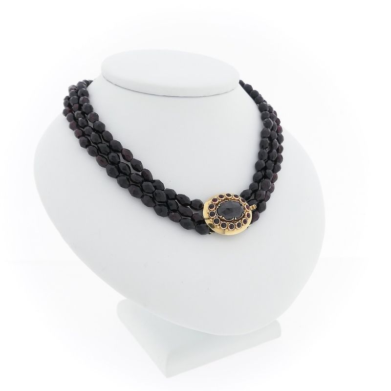 Image 3 of Antique garnet bead necklace with gold decorative clasp.
