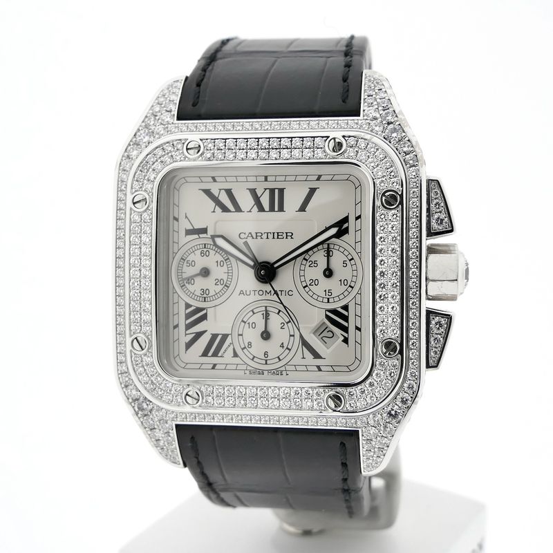 Image 7 of Cartier Santos 100 XL Chronograph 'Factory-Set' Diamonds 2891; 18k white gold watch with diamonds