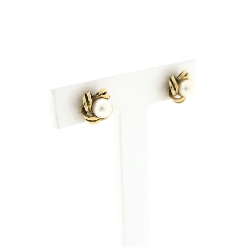 Image 3 of Golden floral stud earrings with cultured pearl