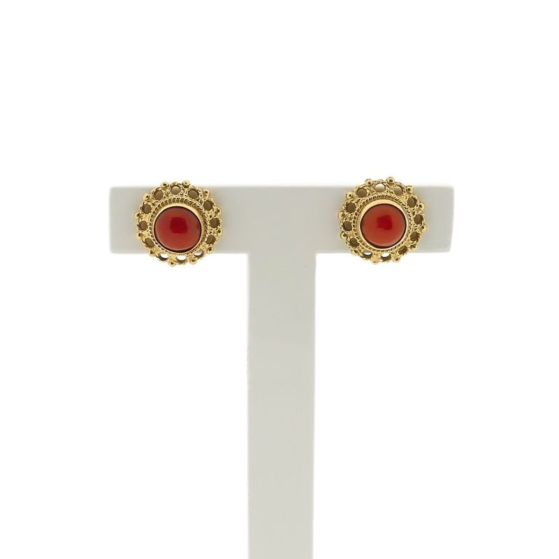 Image 1 of Antique/vintage gold stud earrings with blood coral | Filigree technique