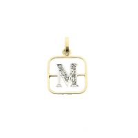 Two-tone gold pendant of the letter M with diamonds; 0.03 ct.