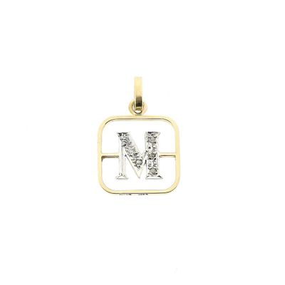 Image 1 of Two-tone gold pendant of the letter M with diamonds; 0.03 ct.