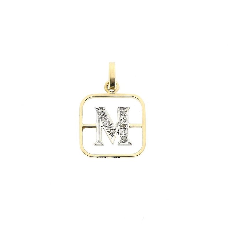 Image 1 of Two-tone gold pendant of the letter M with diamonds; 0.03 ct.