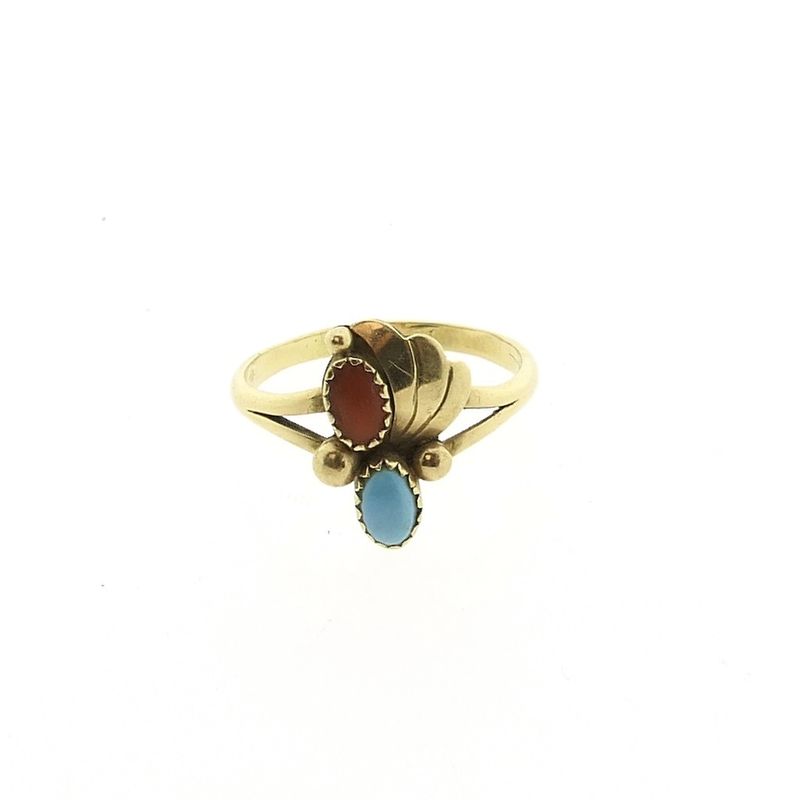Image 3 of Gold ring with turquoise and red coral | Vintage
