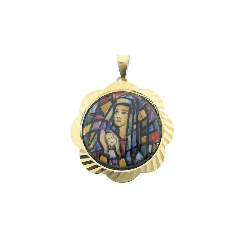 Image 1 of Gold vintage pendant of Mary and Jesus with colored enamel.