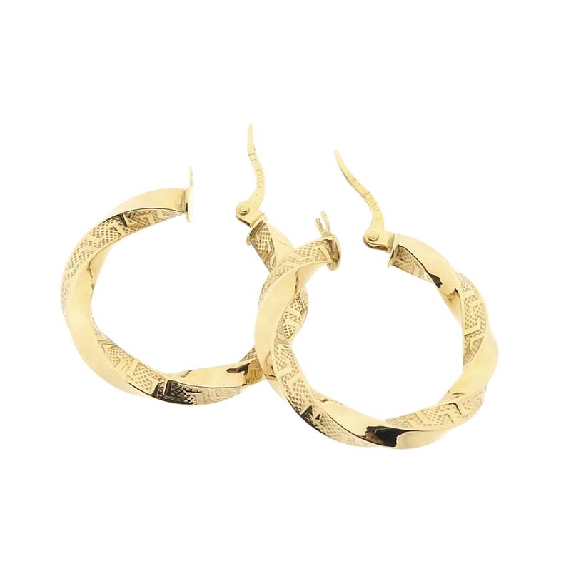 Image 6 of Gold twisted hoop earrings with Greek symbols; Ø 25.5 mm
