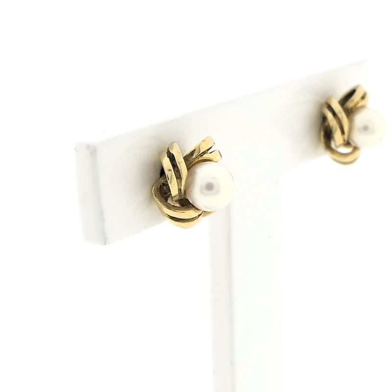Image 4 of Golden floral stud earrings with cultured pearl