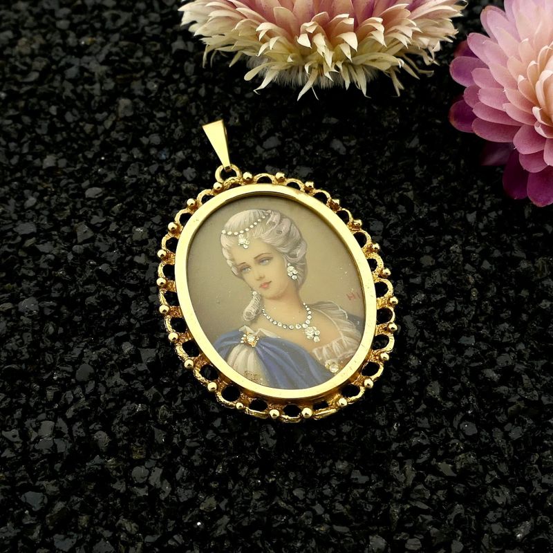 Image 2 of Antique Gold Pendant with Enamel Portrait and Diamonds